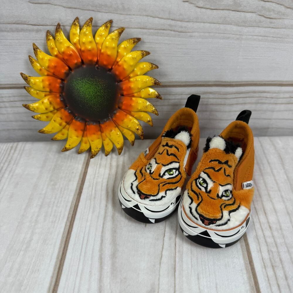 Vans Project Cat Toddler Slip On Tiger Face Shoes Orange‎ Black White 4C